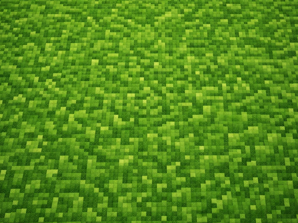 Gros plan d’herbe au rendu type “Minecraft”, montrant variations de verts et motif répété.