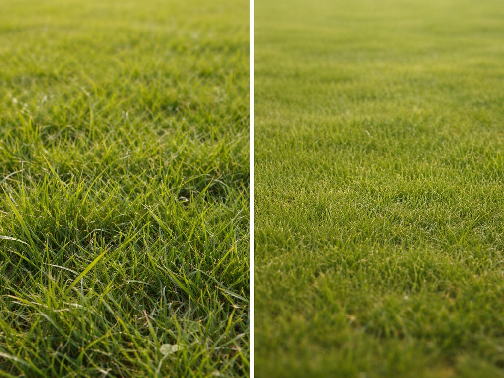 Comparaison côte à côte : herbe très détaillée au premier plan et herbe simplifiée au loin.