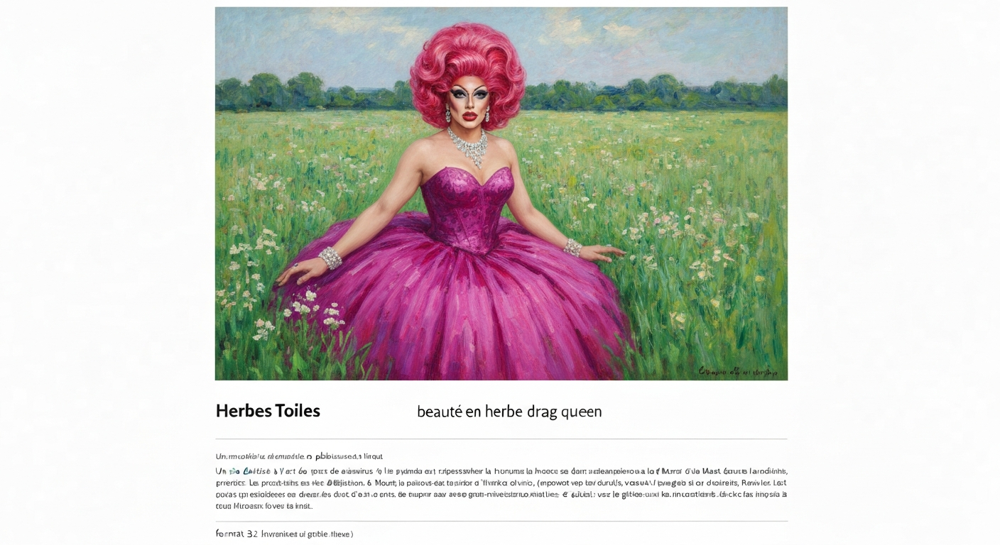 Peinture impressionniste d'une drag queen au premier plan dans une prairie, lumière dorée et grandes touches de couleur, regard frontal.
