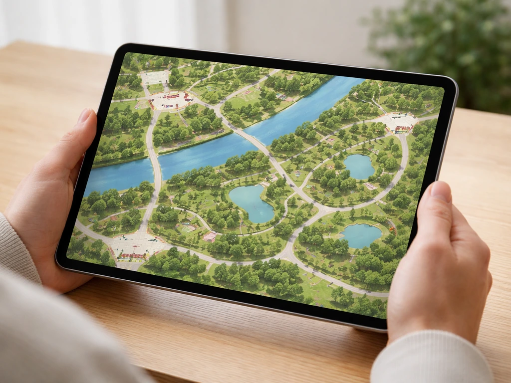Plan de parc sur tablette, vue rapprochée des deux entrées et des zones clés, ambiance nature au fond.