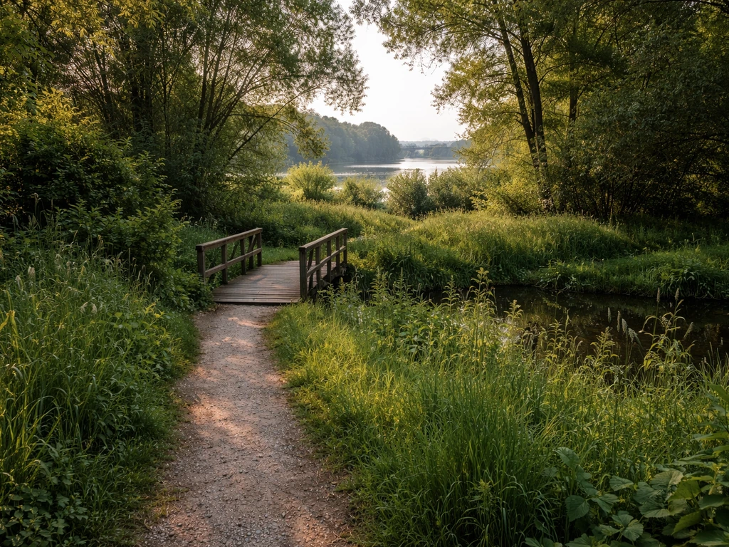 Sentier de parc au bord de la Seine, lumière du matin, étangs calmes au loin, ambiance paisible.