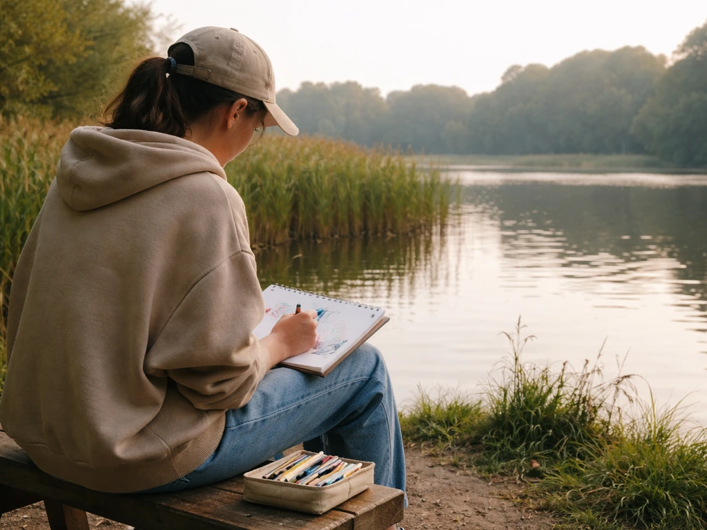 Personne assise en plein air, carnet et feutres devant des étangs et une roselière au bord de la Seine.