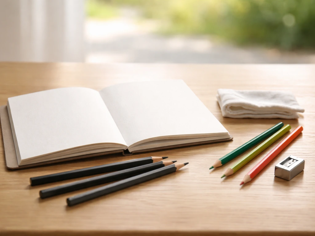 Kit de dessin d’herbe pour le parc : carnet A5, crayons graphite HB/2B/4B, crayons couleur, chiffon et taille-crayon.