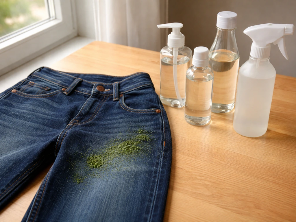 Jean taché d’herbe avec liquide vaisselle, alcool ménager, vinaigre et détachant enzymatique à côté.