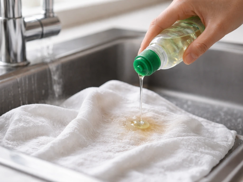 Rinçage à l’eau froide d’un tissu taché et application de liquide vaisselle sur la zone.