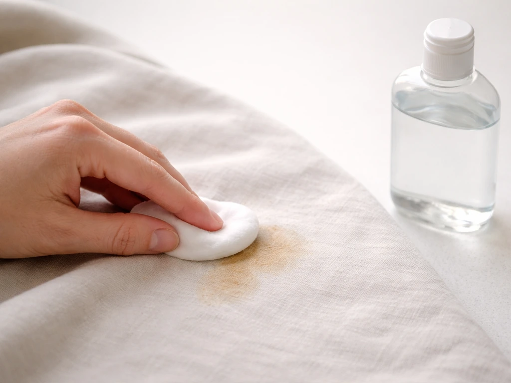 Tamponnage d’une tache naissante sur un tissu avec un coton imbibé d’alcool ménager, flacon à côté.