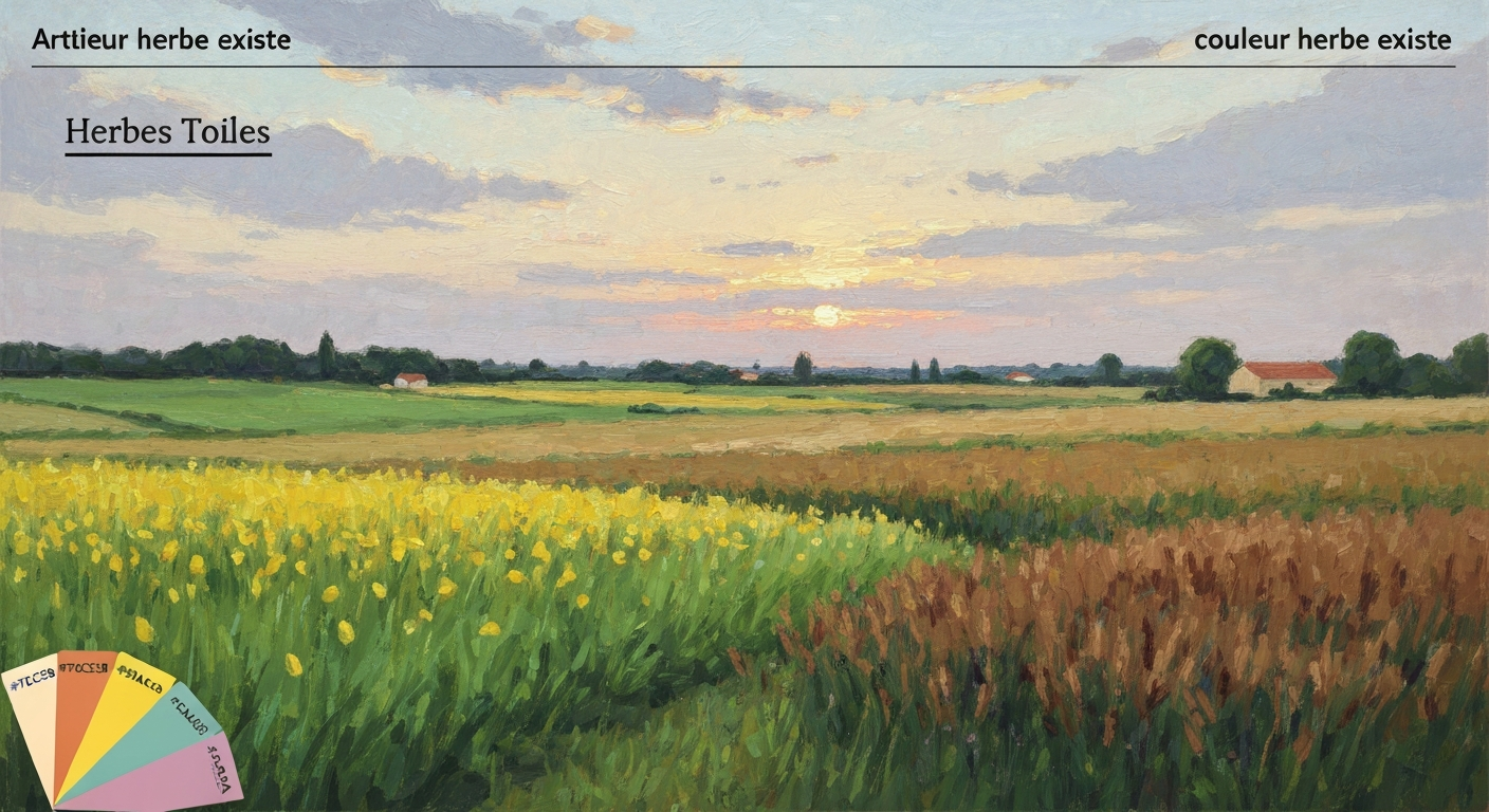 Prairie française peinte dans un style impressionniste montrant plusieurs nuances d'herbe; petits échantillons de couleurs HEX intégrés en bas à gauche.
