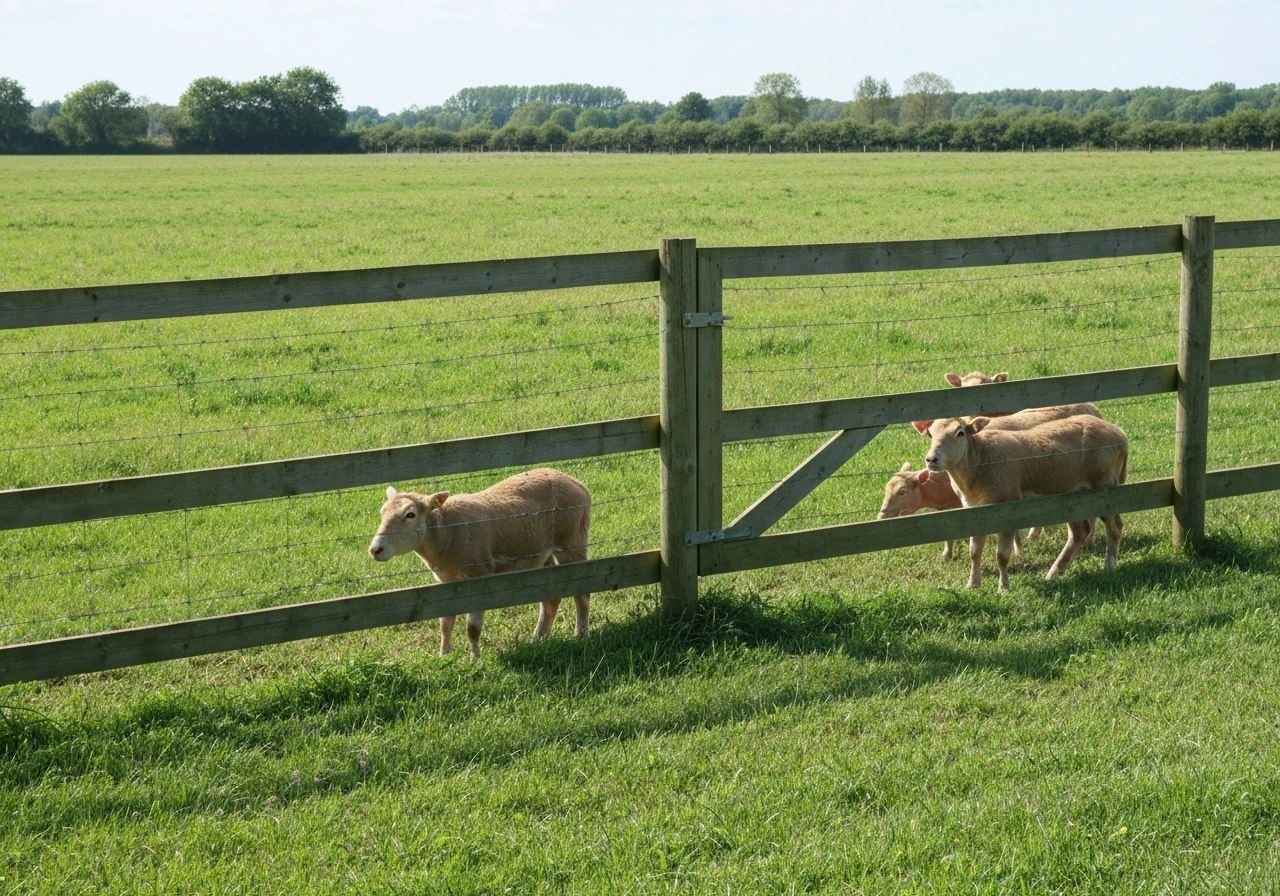 Un troupeau de moutons broute de l’autre côté d’une clôture, dans une prairie verdoyante au soleil.