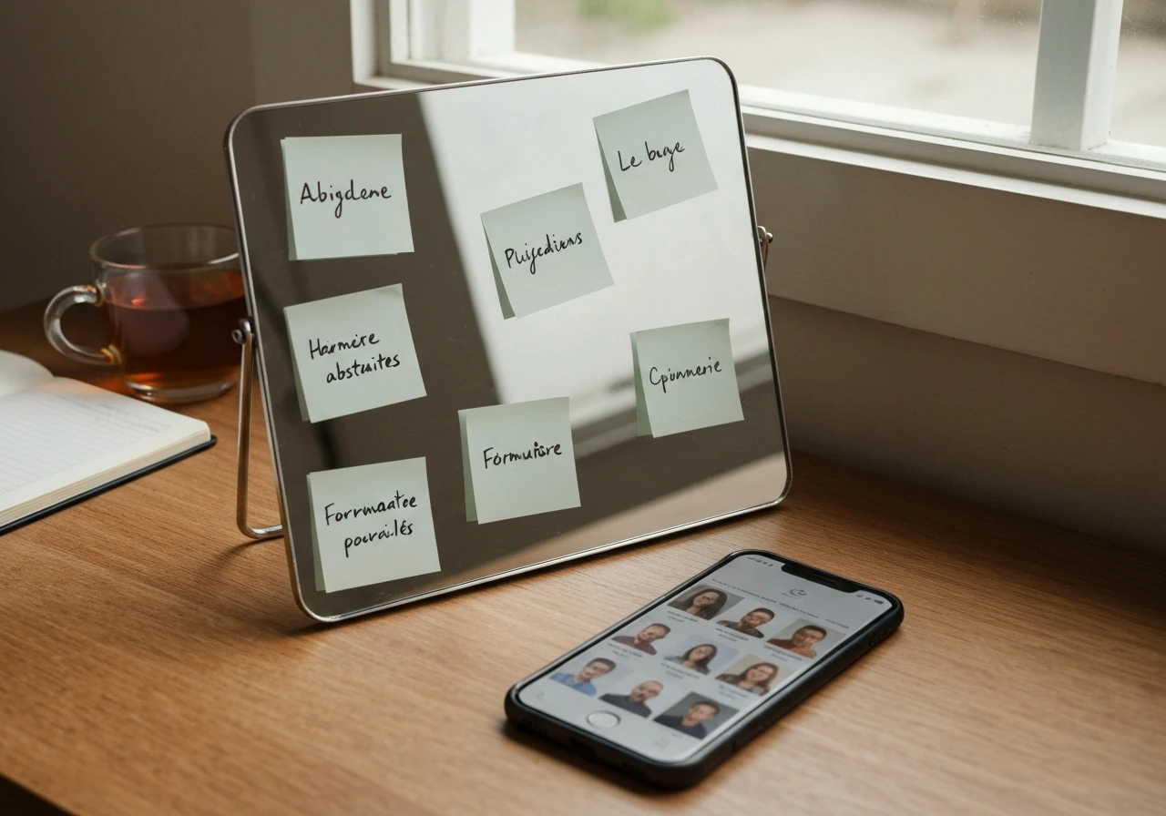 Miroir et téléphone montrant des profils flous, symbolisant la comparaison qui abîme le couple.