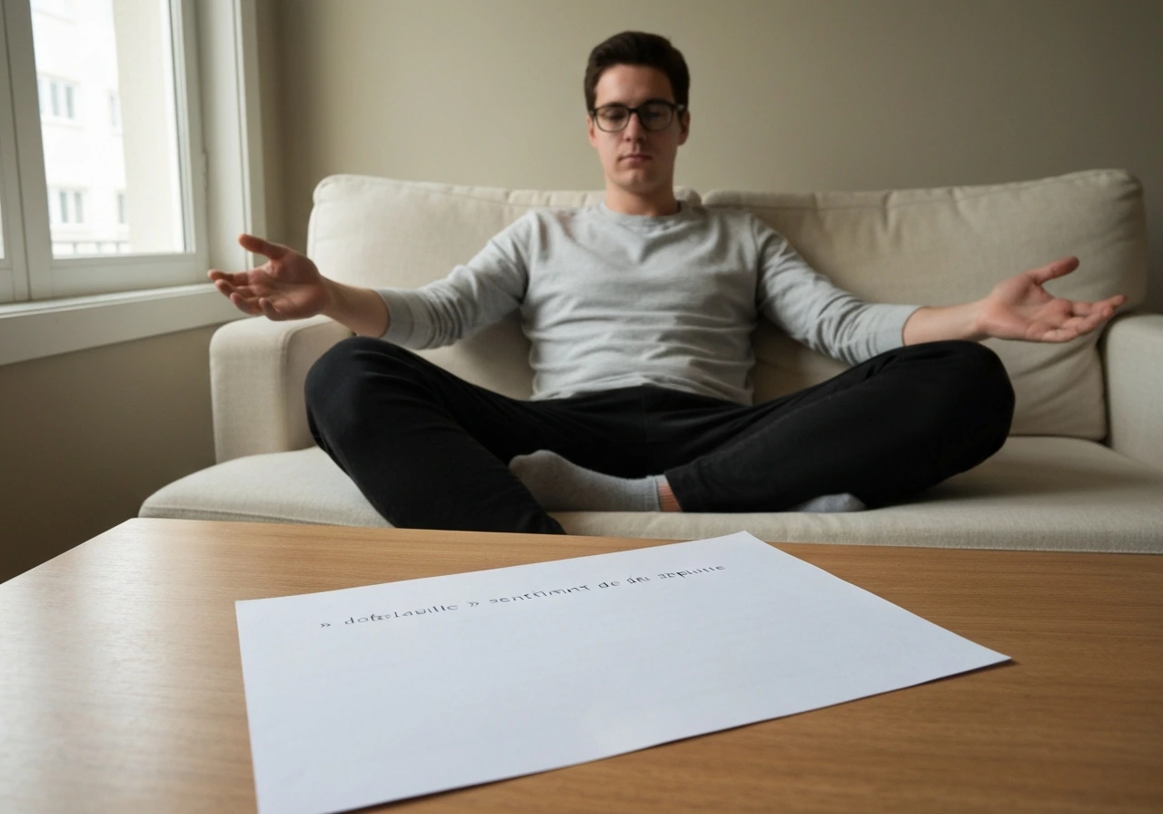 Personne anonyme détendue sur un canapé, feuille blanche symbolique sur table basse, ambiance de sécurité émotionnelle.