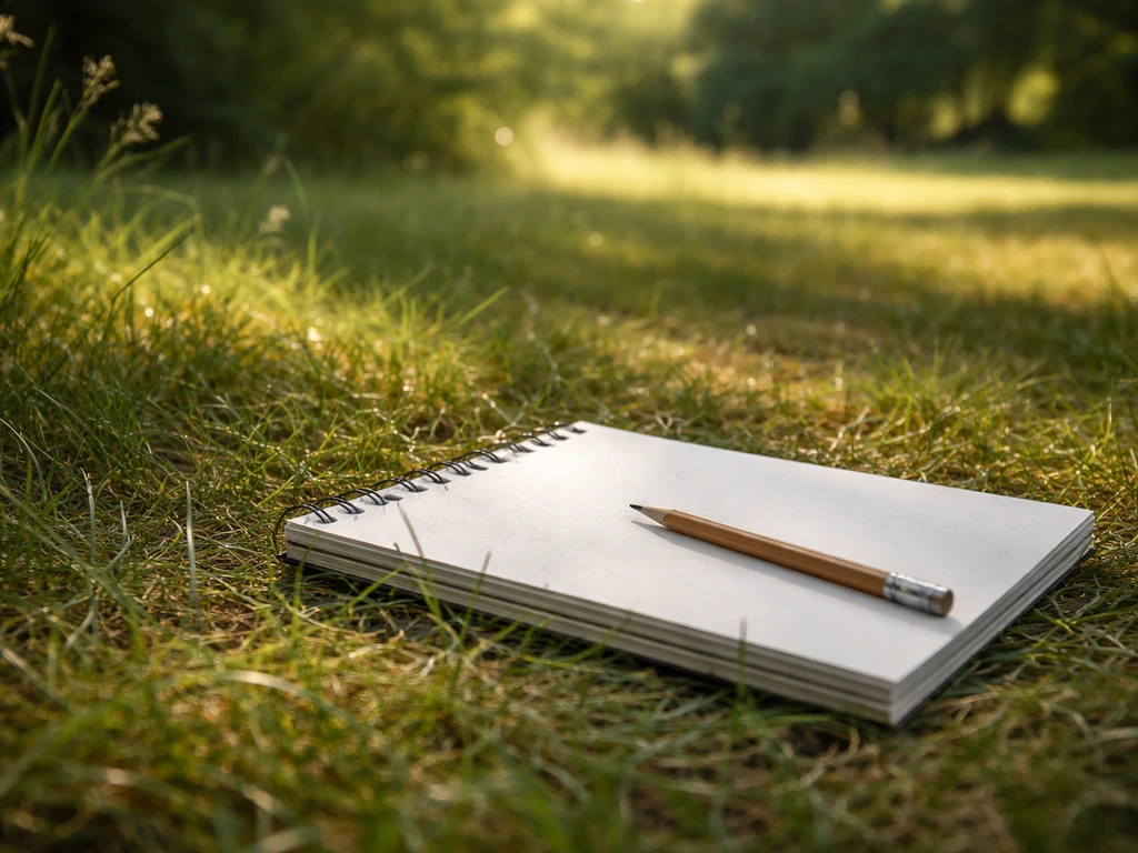 Gros plan sur l’herbe en lumière et ombre, avec un carnet et un crayon posés au sol.