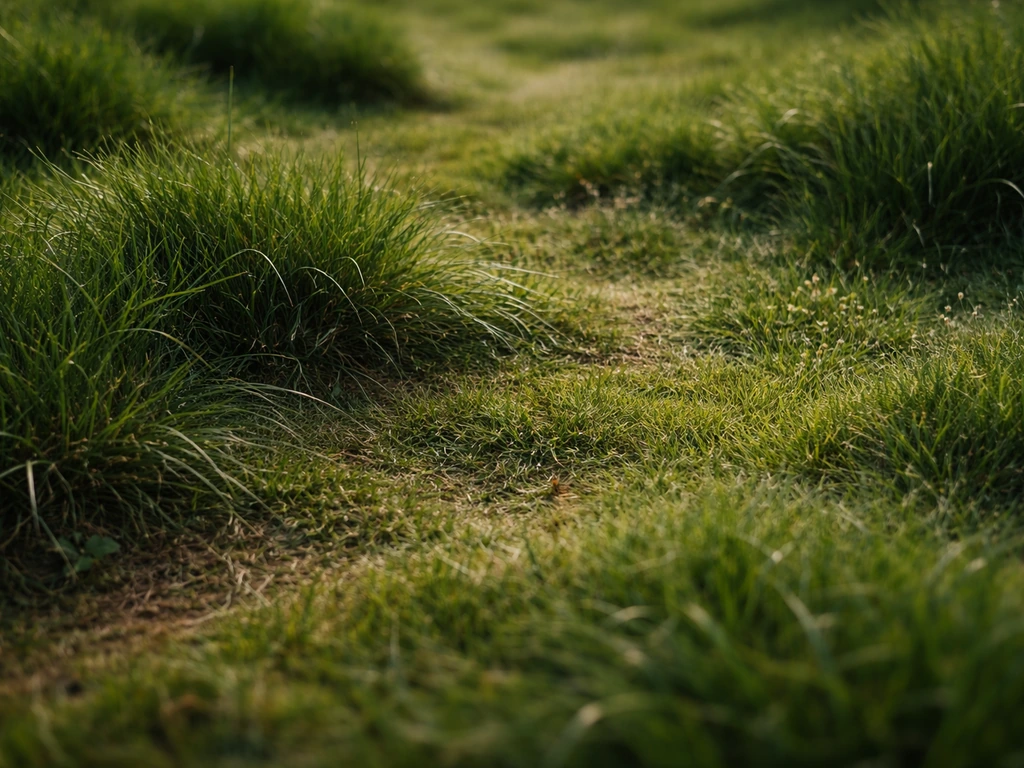 Gros plan d’herbe aux textures variées, touffes et zones aplaties par le vent avec petits îlots plus clairs.