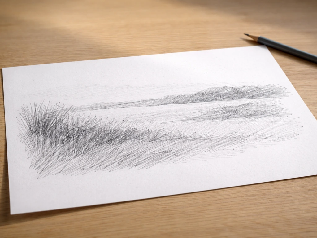 Feuille A4 avec dessin au crayon (horizon et 2-3 grandes zones) sur une table, lumière naturelle.