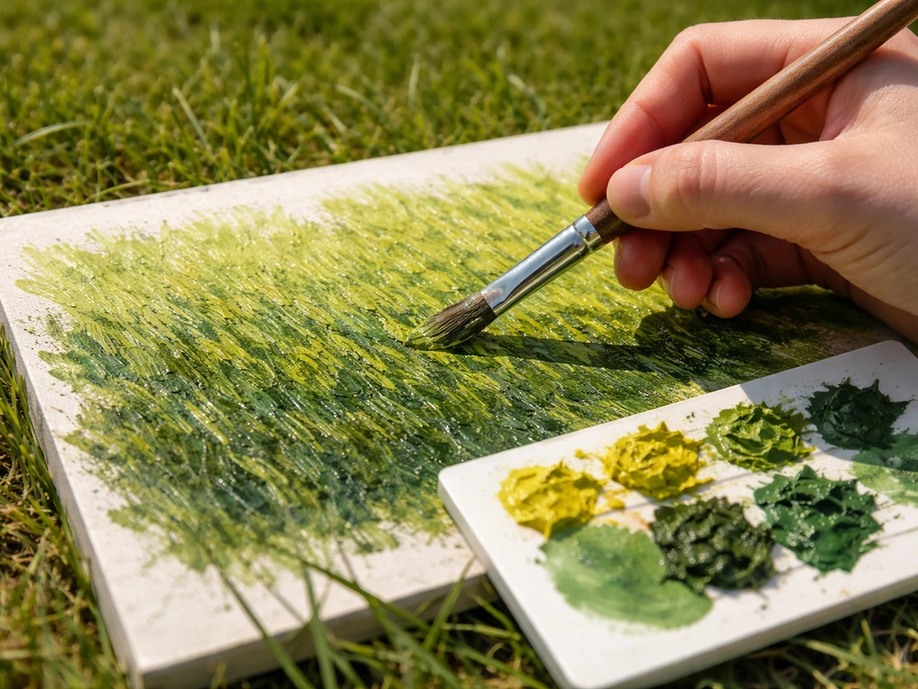Main peignant des touches courtes sur de l’herbe, palette de verts visible au sol.