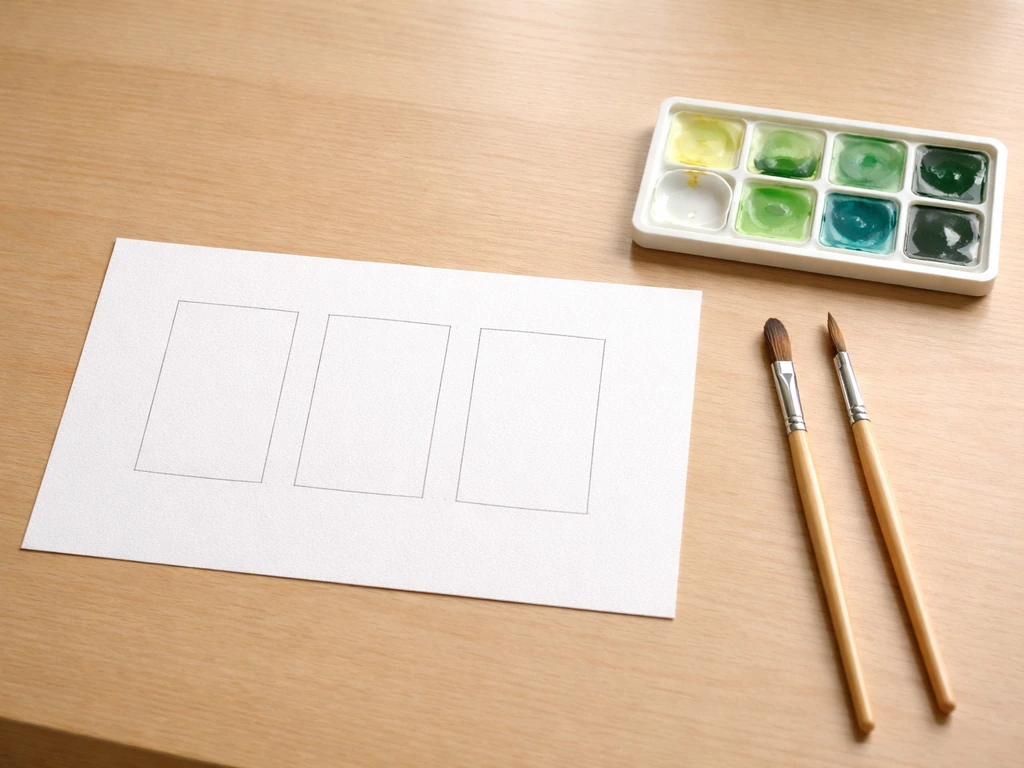 Sur une table, une feuille blanche avec trois rectangles de test, palette de peinture et pinceaux prêts.