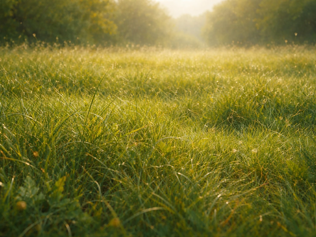 Prairie ensoleillée peinte en style impressionniste, herbe verte vibrante avec touches visibles.