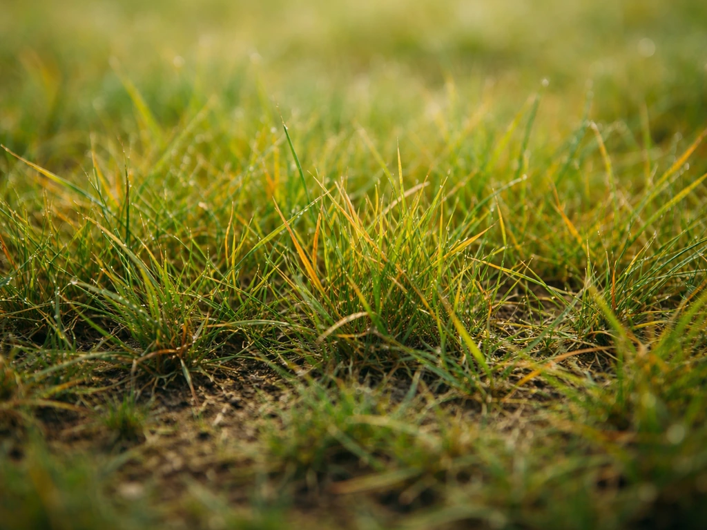 Gros plan d’herbe naturelle aux nuances vert, jaune et ocre, avec texture et reflets visibles
