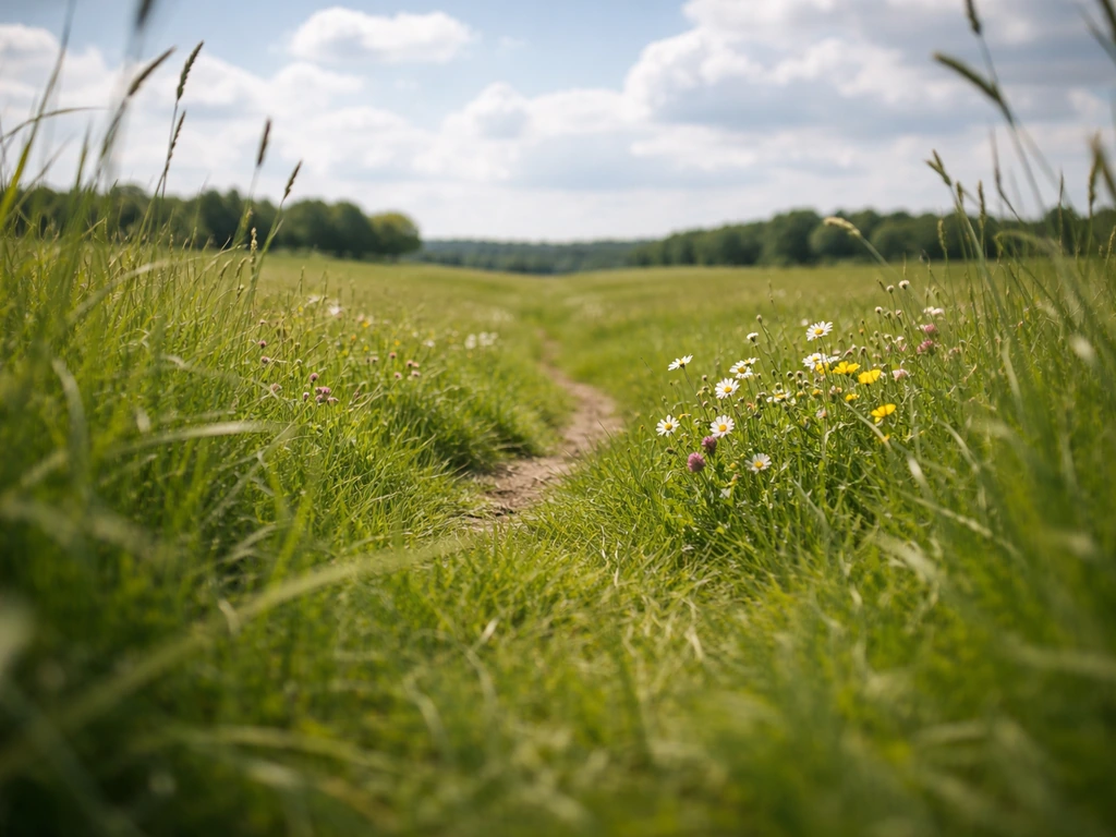 Vue au ras du sol d’un paysage avec ligne d’horizon claire, éléments guidant le regard dans l’herbe