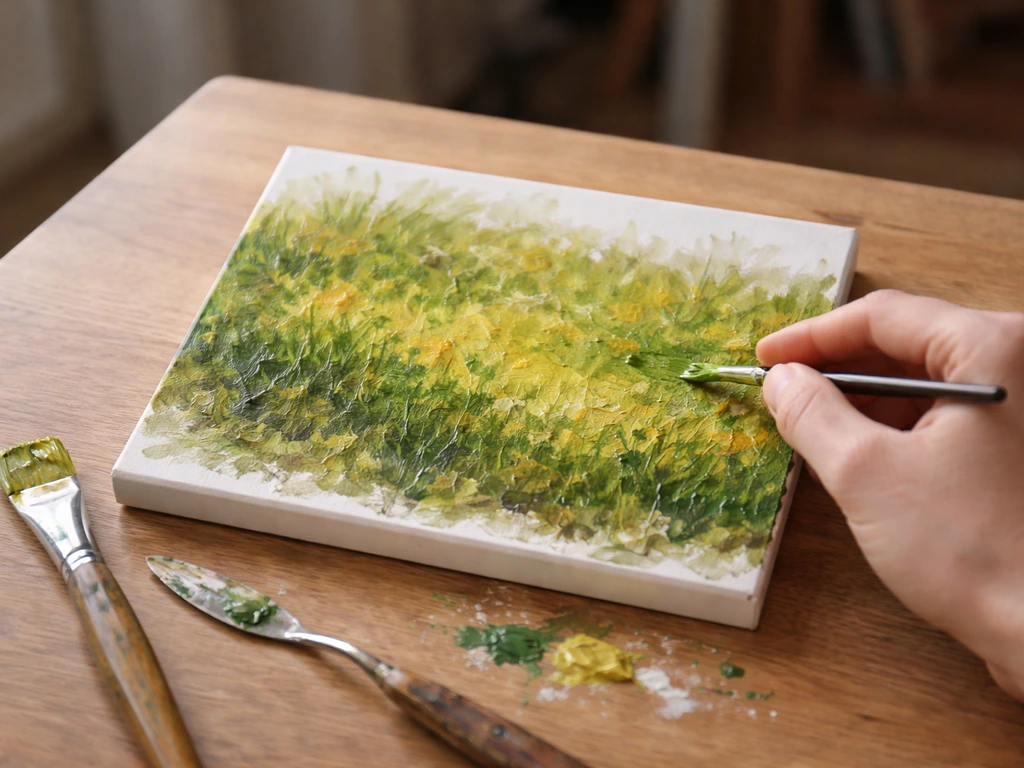 Main anonyme appliquant des touches courtes vertes sur une toile d’herbe, avec brosse et couteau à palette.