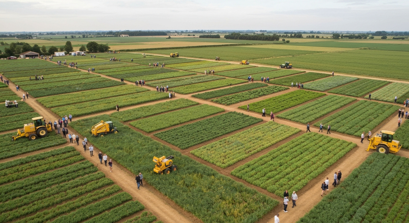 Vue aérienne panoramique du Salon de l'Herbe 2024 à Nouvoitou : parcelles végétales, visiteurs et machines en démonstration sous une lumière rasante.